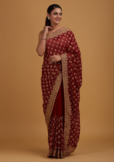 Maroon Zariwork Georgette Designer Saree - Koskii