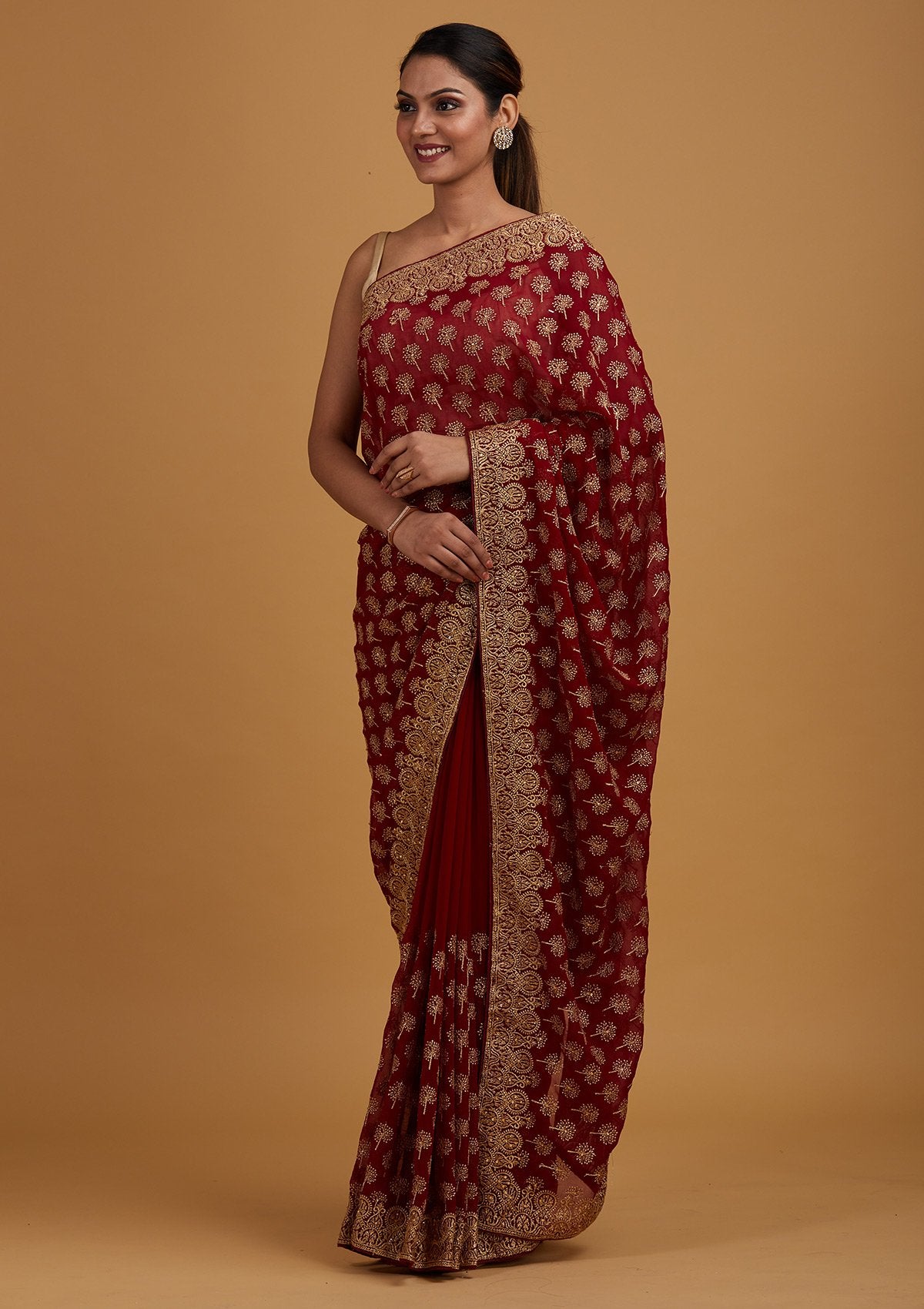 Maroon Zariwork Georgette Designer Saree - Koskii