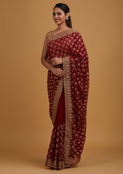 Maroon Zariwork Georgette Designer Saree - Koskii