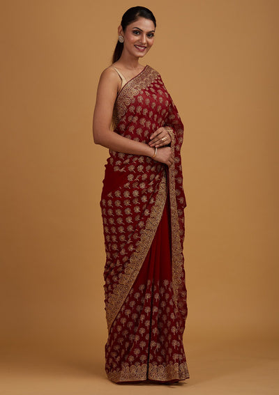 Maroon Zariwork Georgette Designer Saree - Koskii