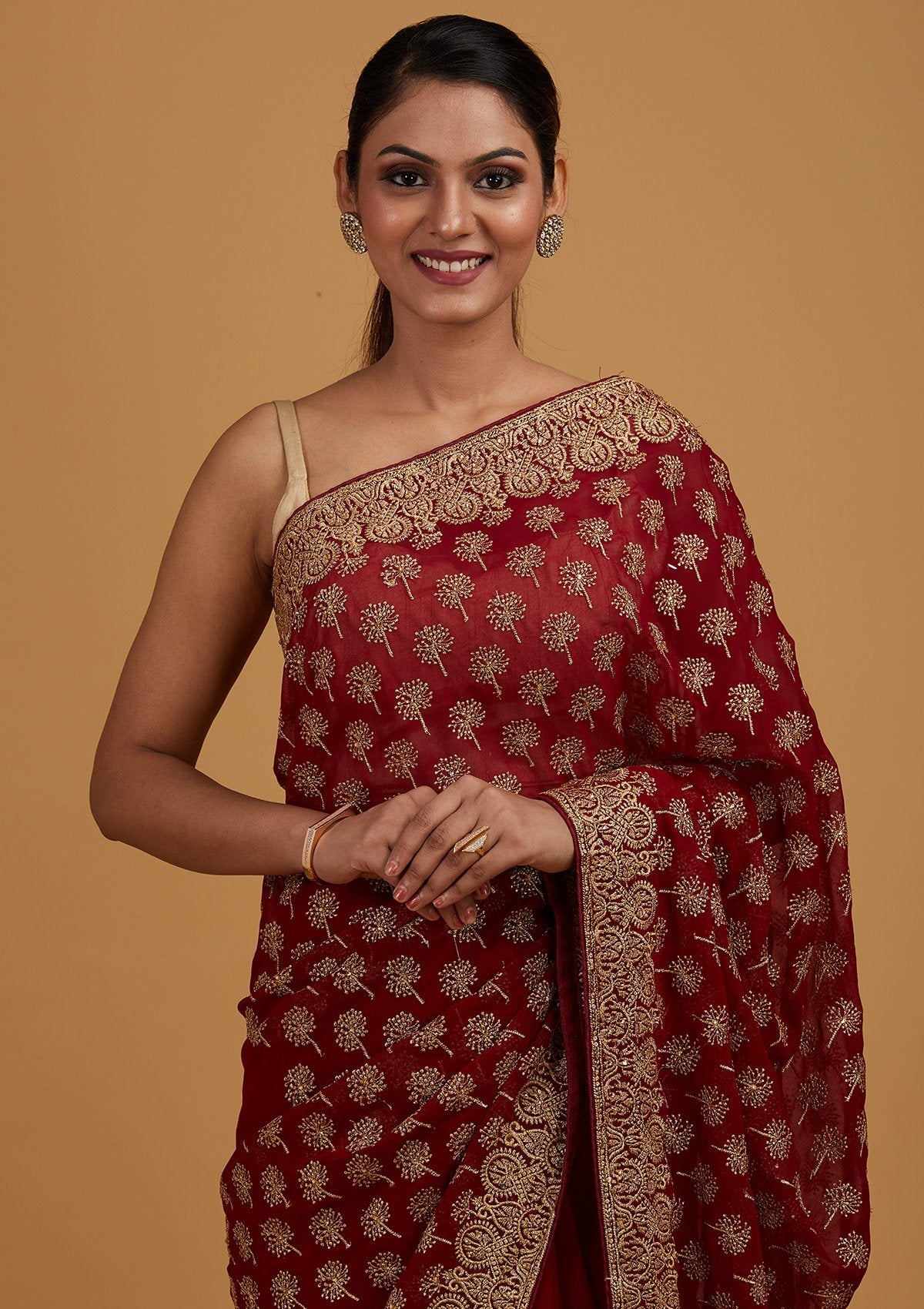 Maroon Zariwork Georgette Designer Saree - Koskii