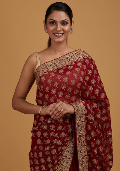 Maroon Zariwork Georgette Designer Saree - Koskii