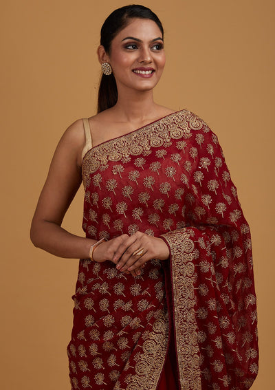 Maroon Zariwork Georgette Designer Saree - Koskii