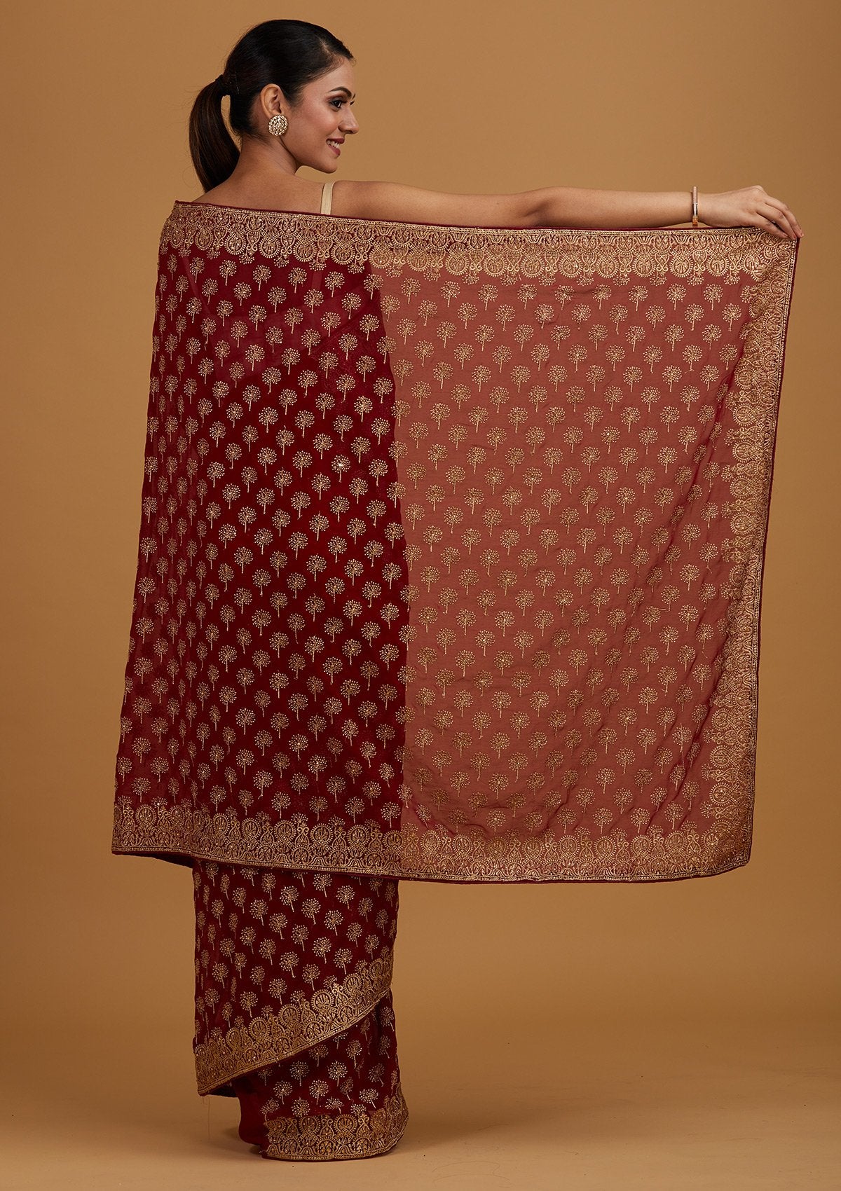 Maroon Zariwork Georgette Designer Saree - Koskii