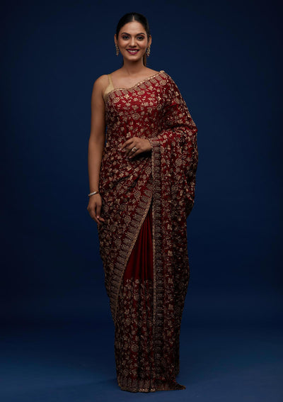 Maroon Zariwork Georgette Designer Saree - Koskii