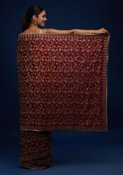 Maroon Zariwork Georgette Designer Saree - Koskii