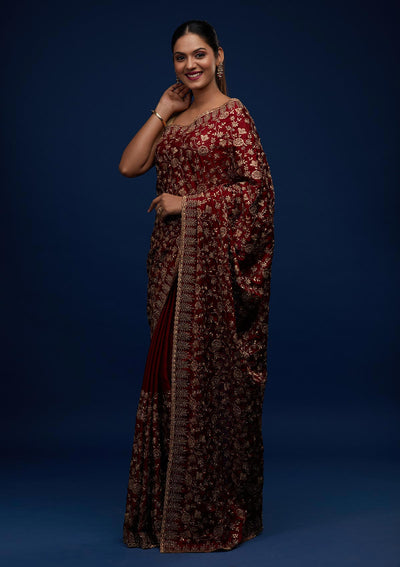 Maroon Zariwork Georgette Designer Saree - Koskii