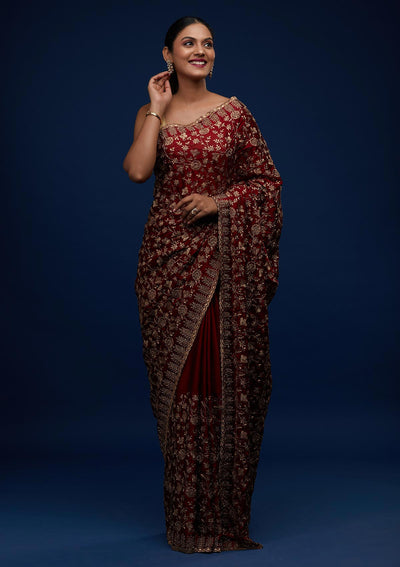 Maroon Zariwork Georgette Designer Saree - Koskii