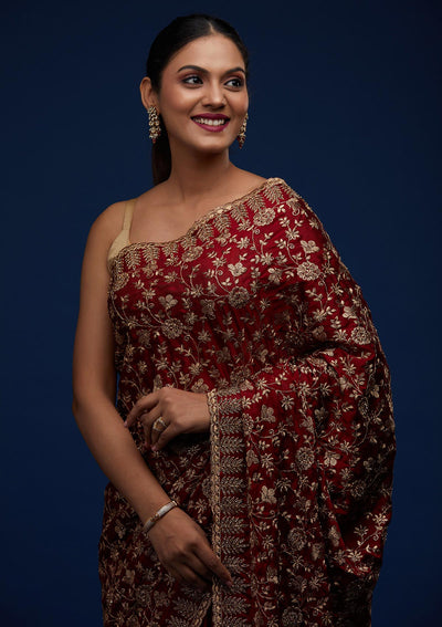 Maroon Zariwork Georgette Designer Saree - Koskii