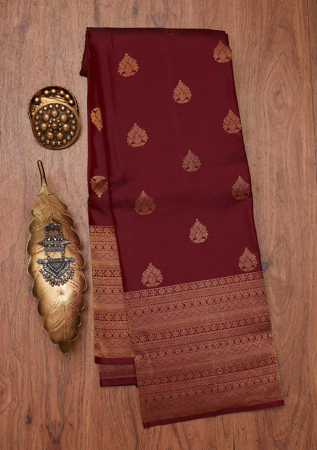 Maroon Zariwork Pure Silk Designer Unstitched Saree - Koskii