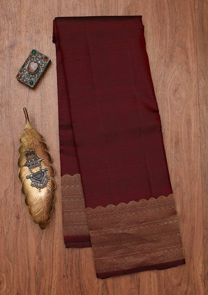 Maroon Zariwork Pure Silk Designer Unstitched Saree - Koskii