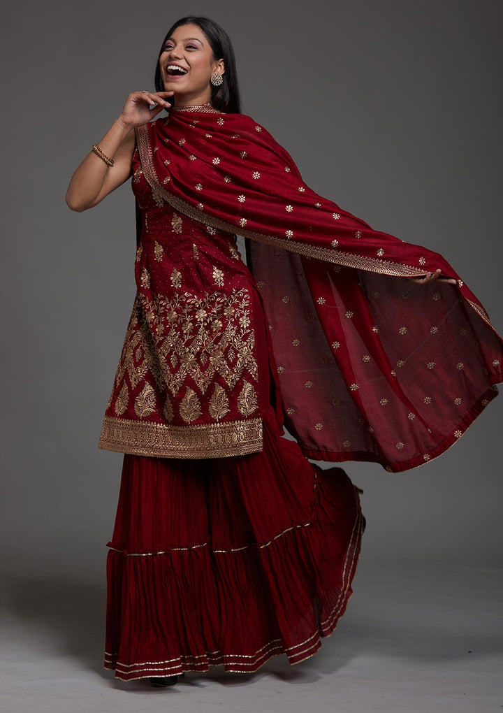 Maroon Zariwork Raw Silk Designer Salwar Suit-Koskii