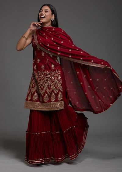 Maroon Zariwork Raw Silk Designer Salwar Suit-Koskii
