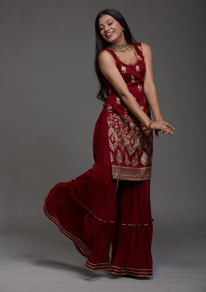 Maroon Zariwork Raw Silk Designer Salwar Suit-Koskii