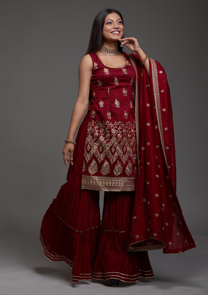 Maroon Zariwork Raw Silk Designer Salwar Suit-Koskii