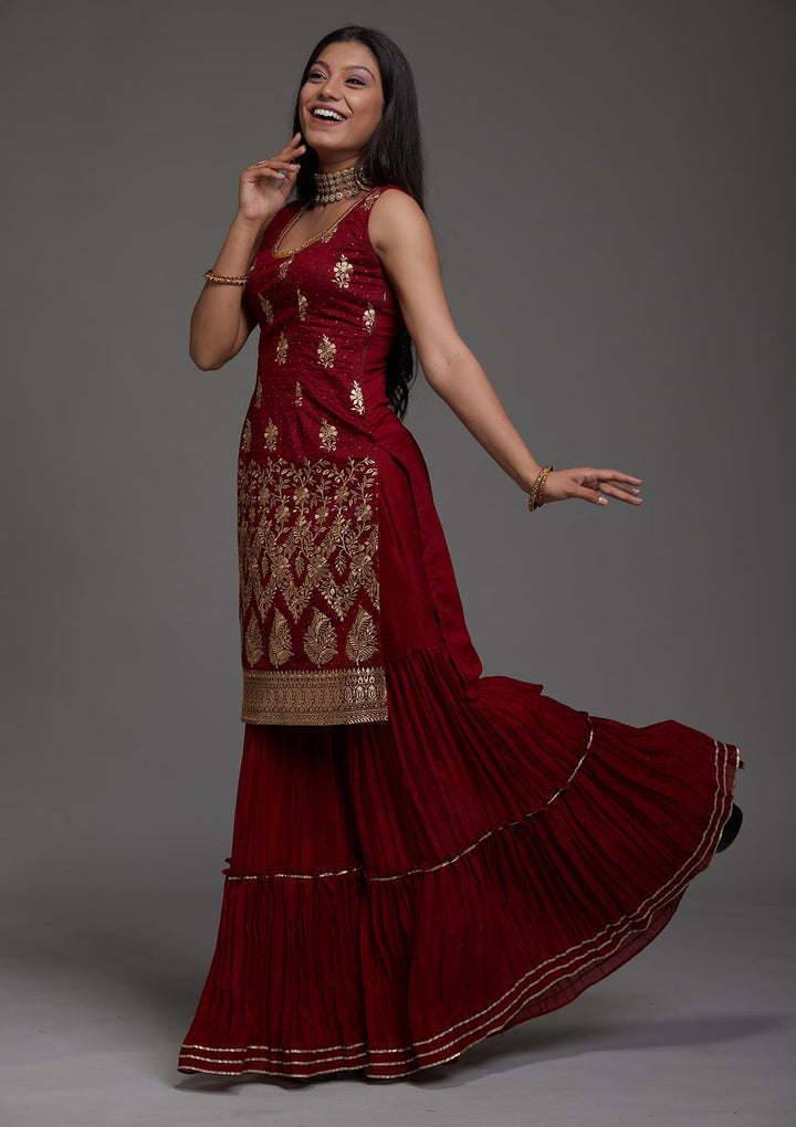 Maroon Zariwork Raw Silk Designer Salwar Suit-Koskii