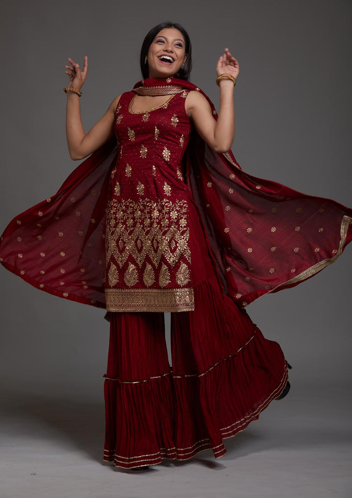 Maroon Zariwork Raw Silk Designer Salwar Suit-Koskii