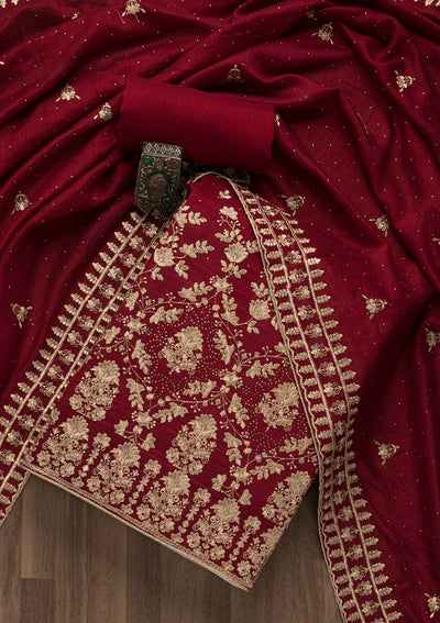 Maroon Zariwork Raw Silk Unstitched Salwar Suit-Koskii