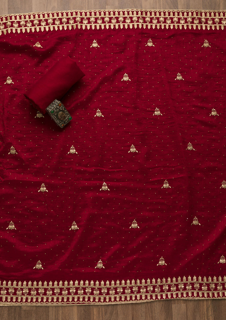 Maroon Zariwork Raw Silk Unstitched Salwar Suit-Koskii