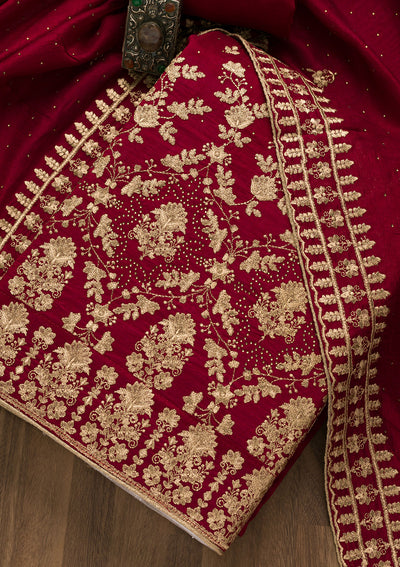Maroon Zariwork Raw Silk Unstitched Salwar Suit-Koskii