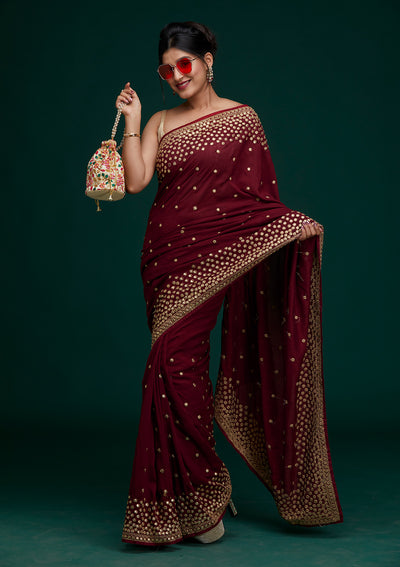 Maroon Zariwork Raw Silk Saree- Koskii
