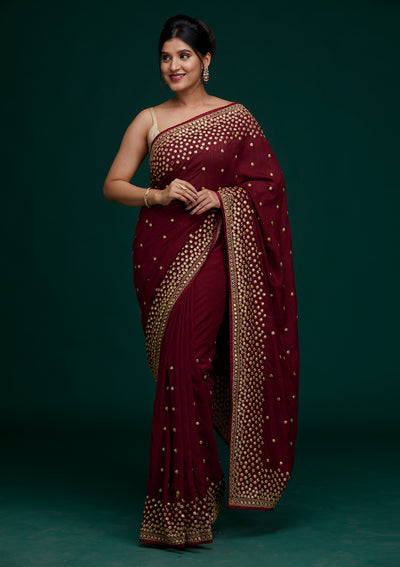 Maroon Zariwork Raw Silk Saree - Koskii