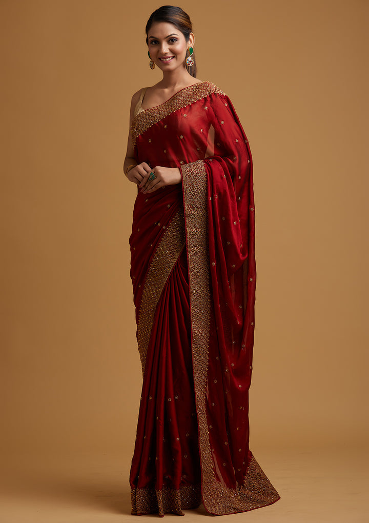 Maroon Zari Work Semi Crepe Designer Saree-Koskii