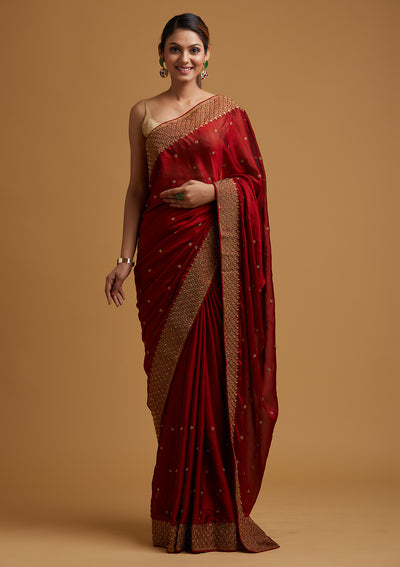 Maroon Zari Work Semi Crepe Designer Saree-Koskii