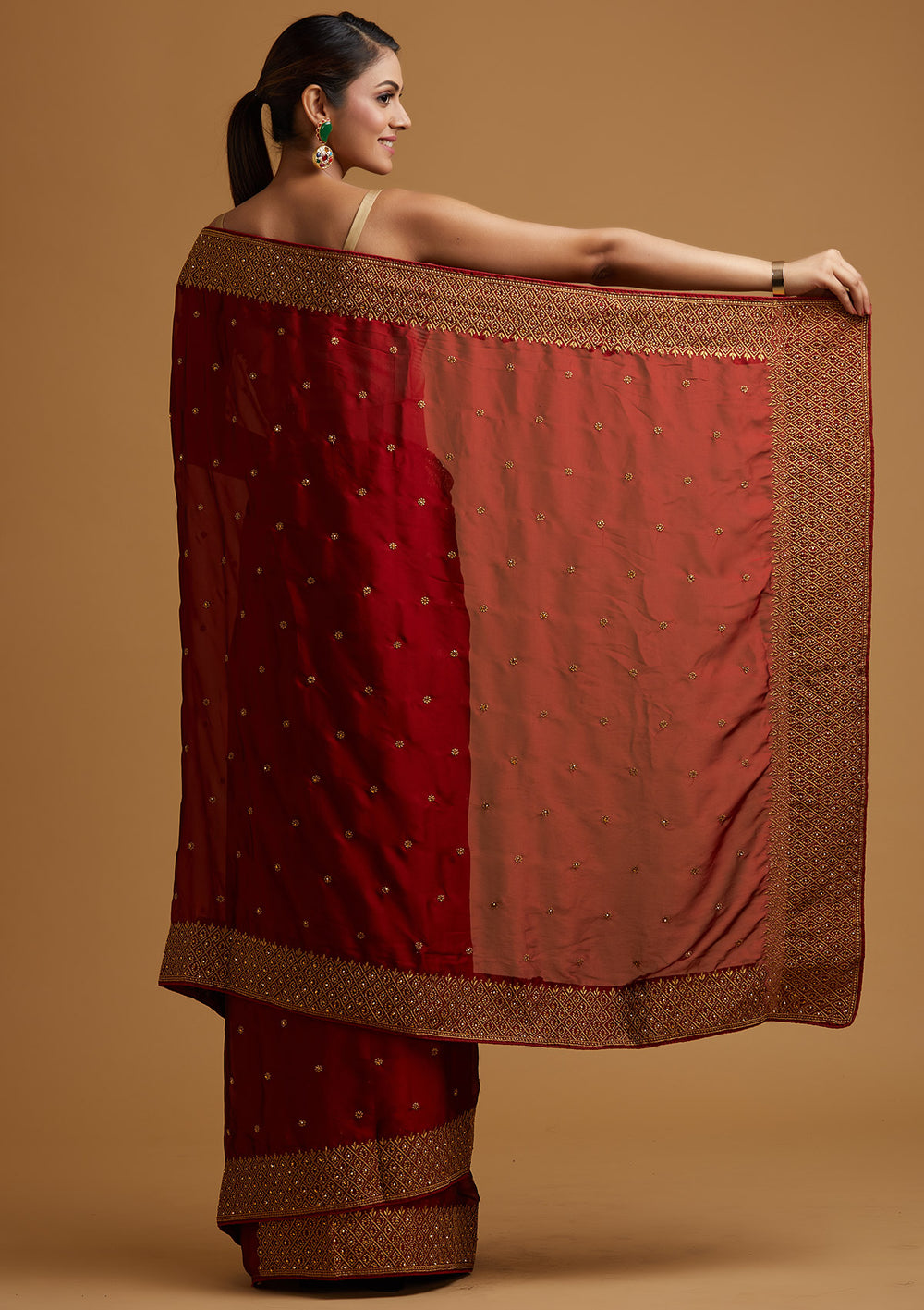 Maroon Zari Work Semi Crepe Designer Saree-Koskii