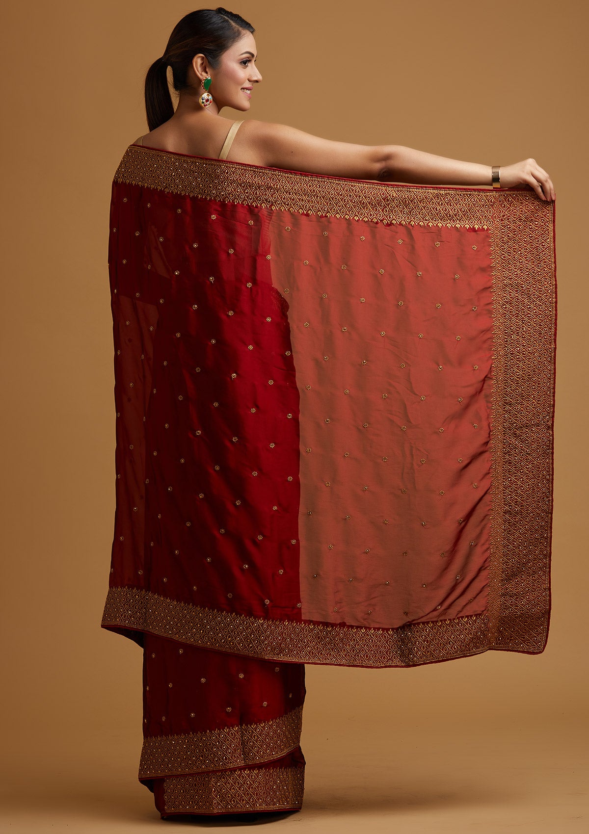 Maroon Zari Work Semi Crepe Designer Saree-Koskii