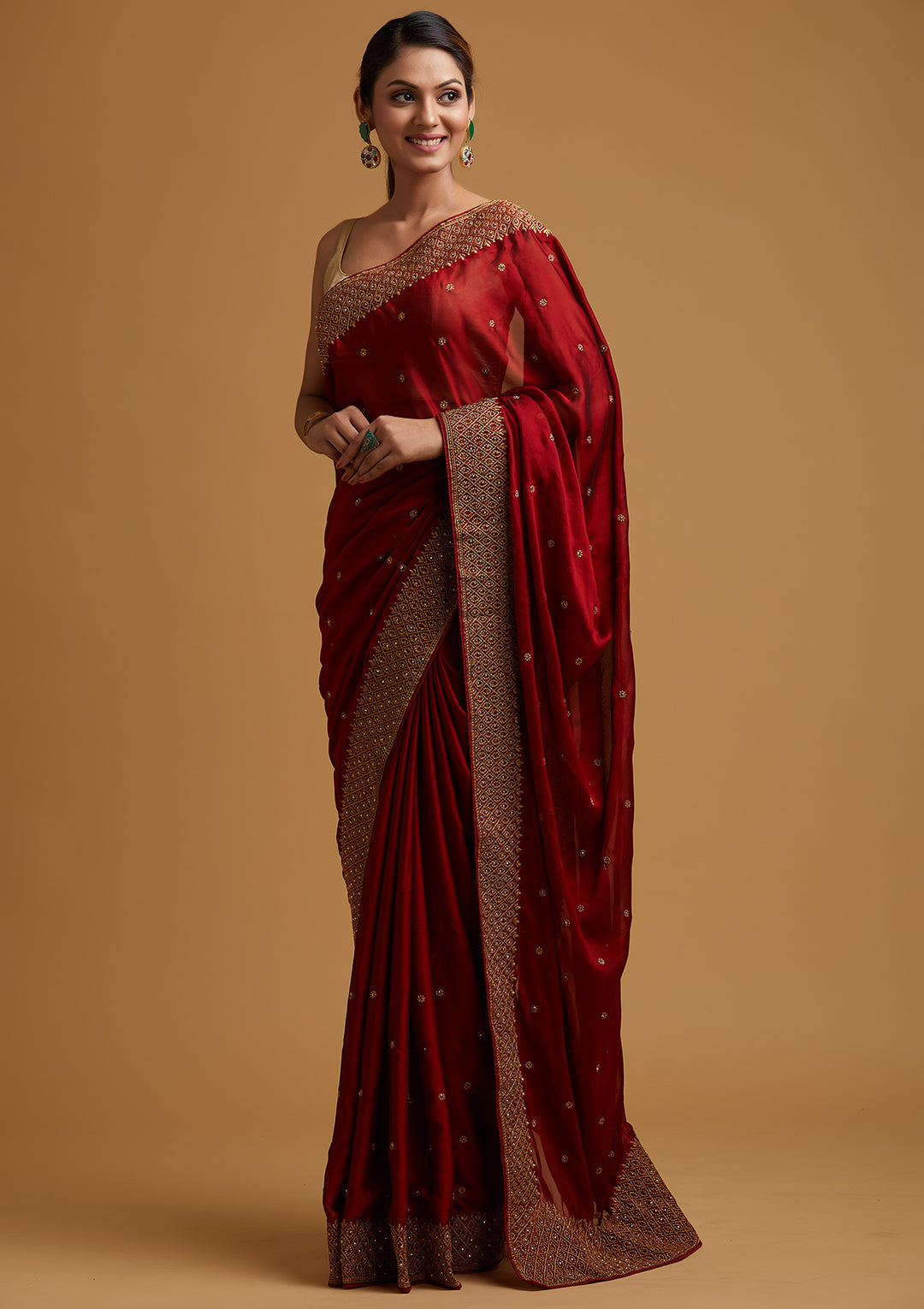 Maroon Zari Work Semi Crepe Designer Saree-Koskii