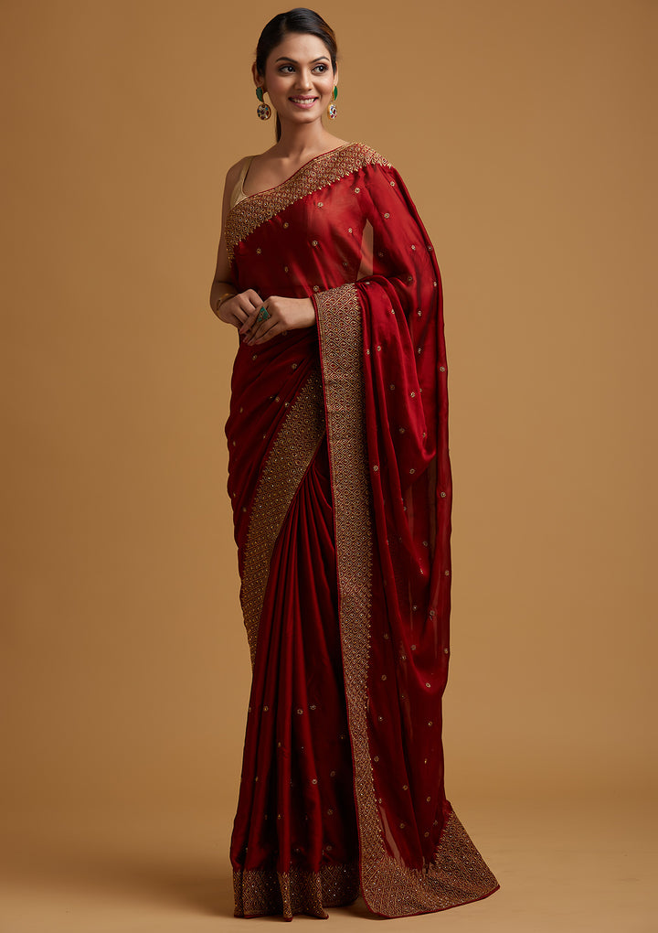 Maroon Zari Work Semi Crepe Designer Saree-Koskii