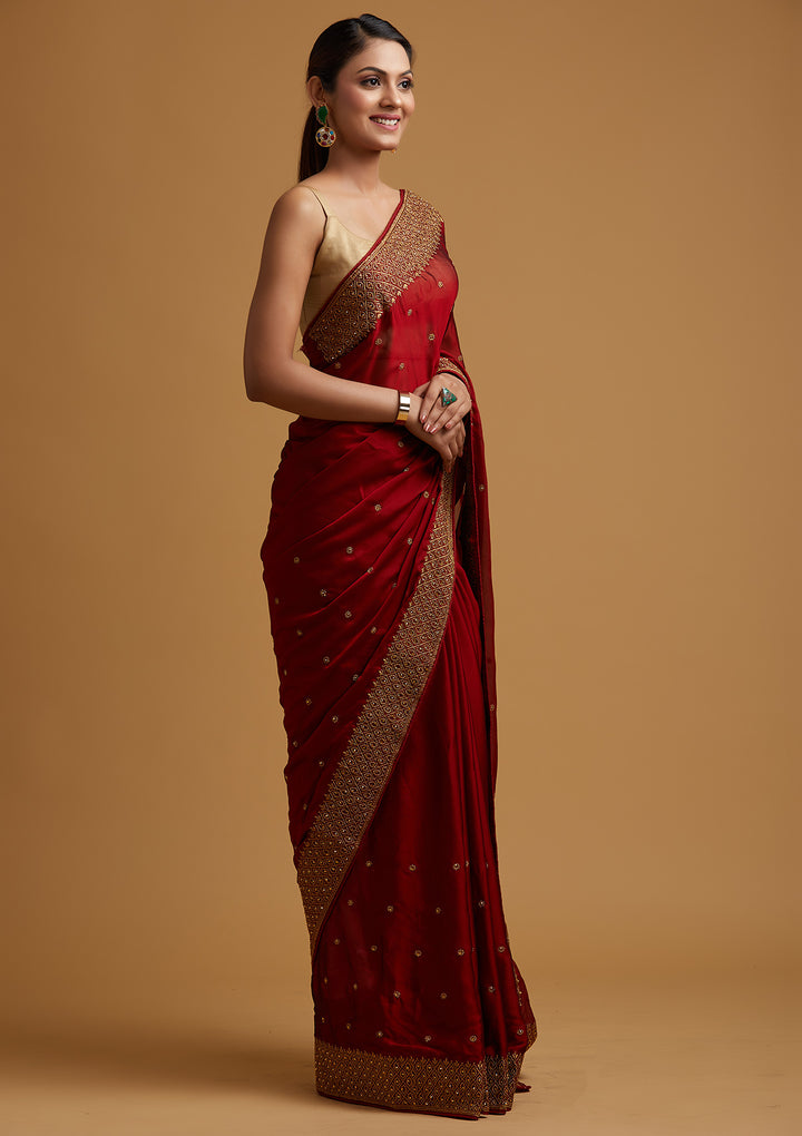 Maroon Zari Work Semi Crepe Designer Saree-Koskii