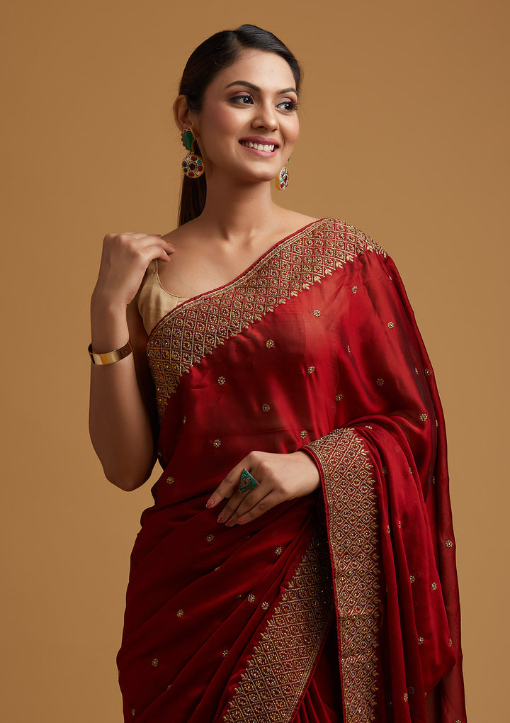Maroon Zari Work Semi Crepe Designer Saree-Koskii