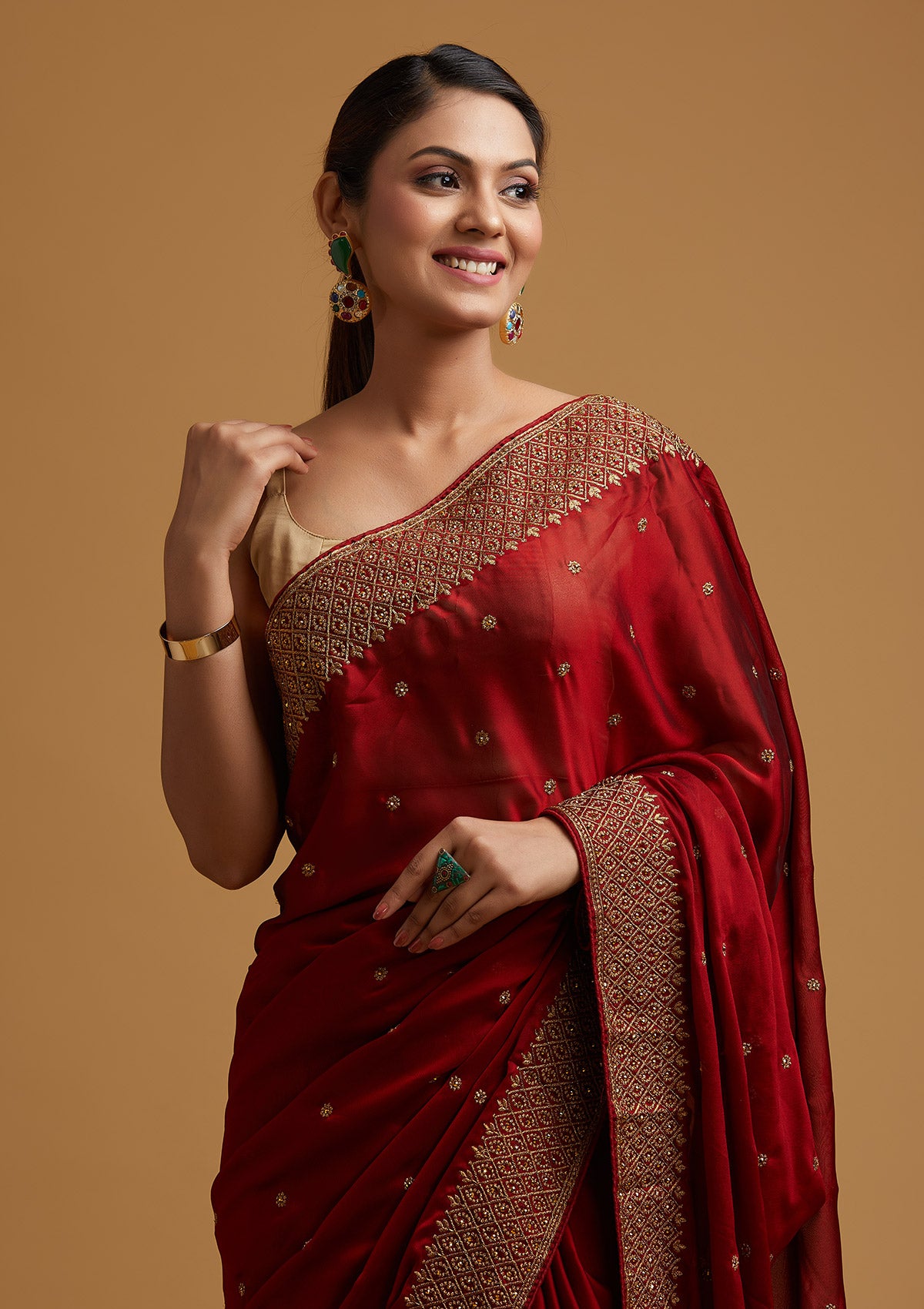 Maroon Zari Work Semi Crepe Designer Saree-Koskii