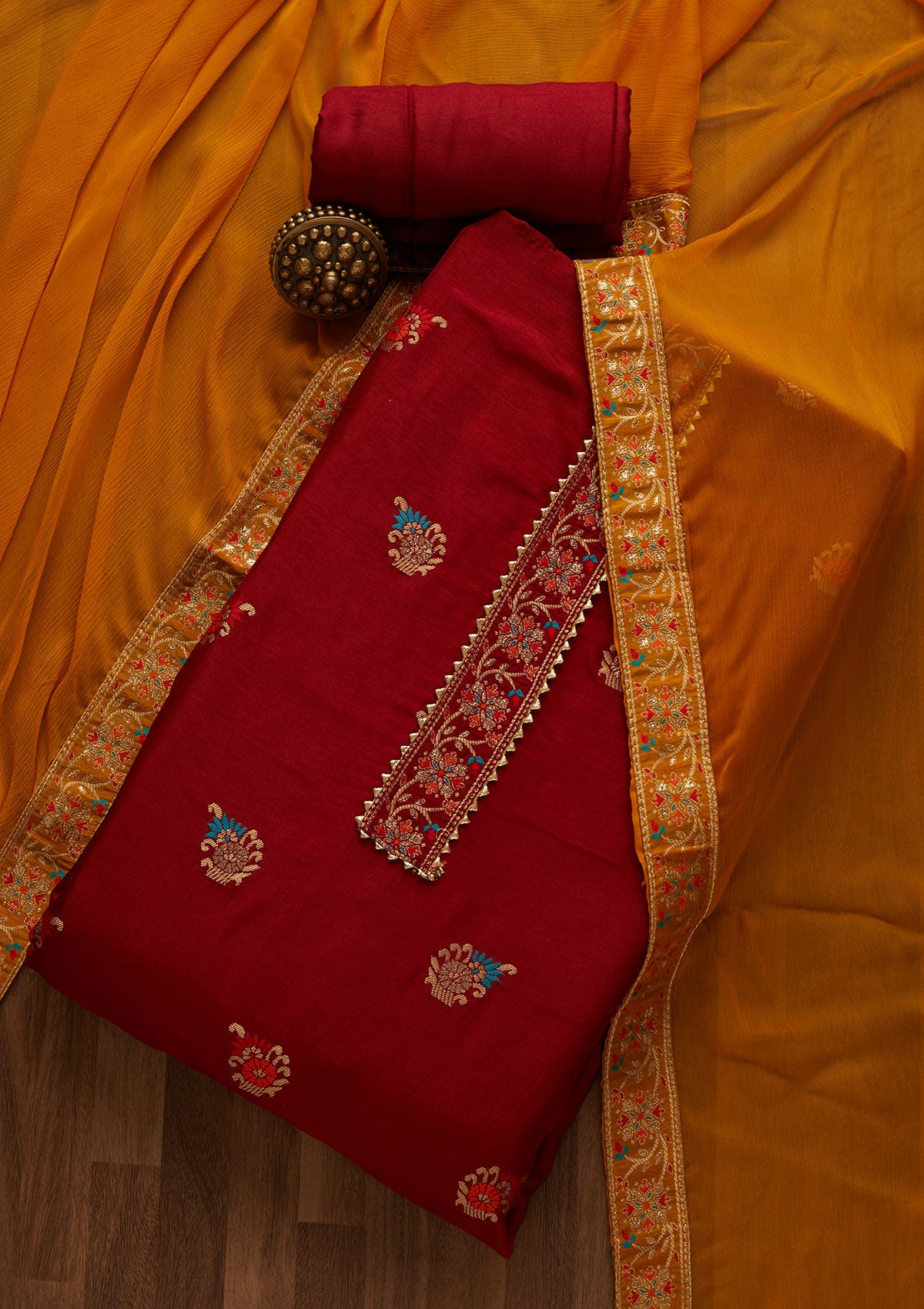 Maroon Zariwork Semi Crepe Semi-Stitched Salwar Suit-Koskii