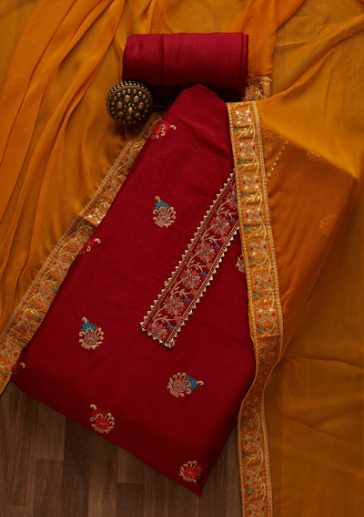 Maroon Zariwork Semi Crepe Semi-Stitched Salwar Suit-Koskii