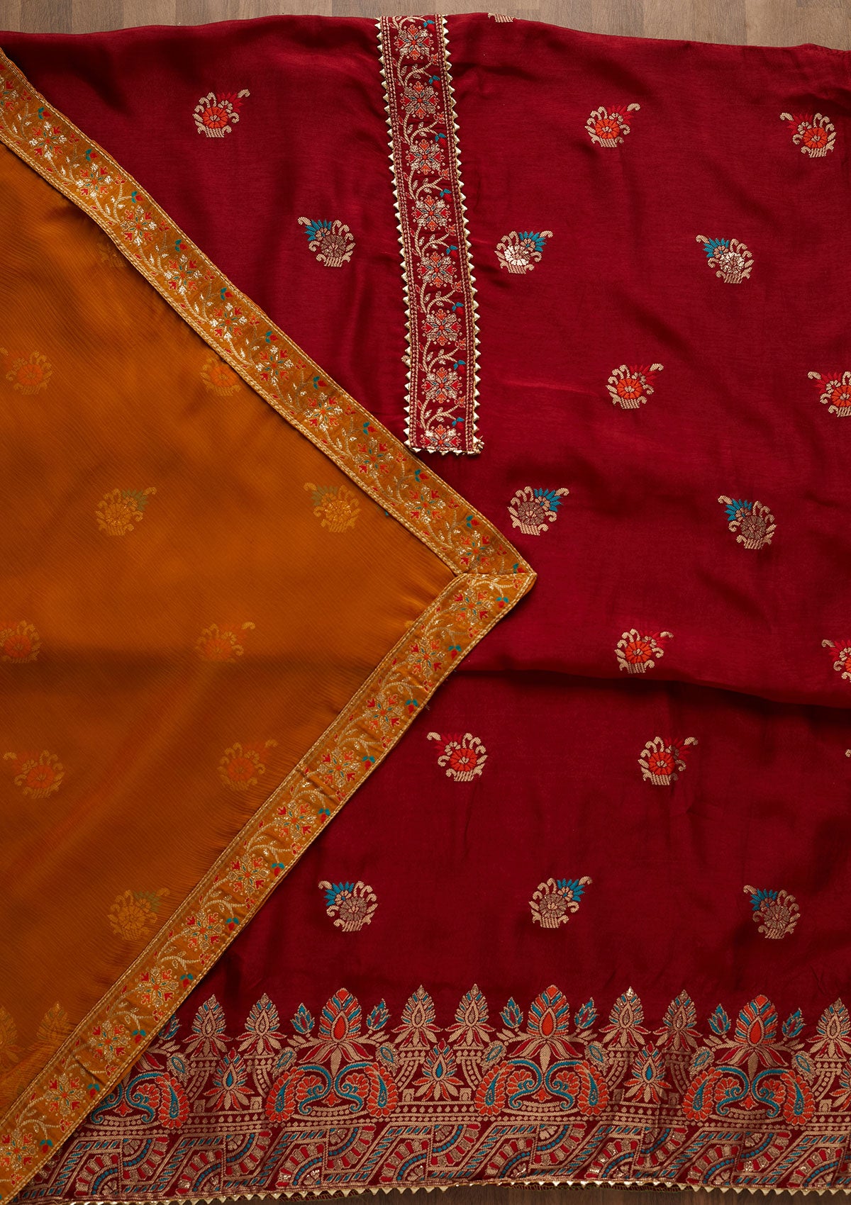Maroon Zariwork Semi Crepe Semi-Stitched Salwar Suit-Koskii