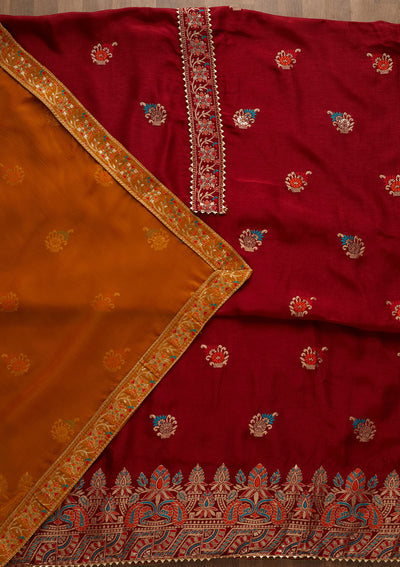 Maroon Zariwork Semi Crepe Semi-Stitched Salwar Suit-Koskii