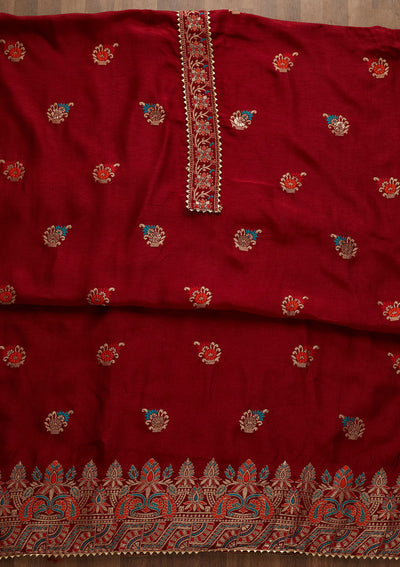Maroon Zariwork Semi Crepe Semi-Stitched Salwar Suit-Koskii