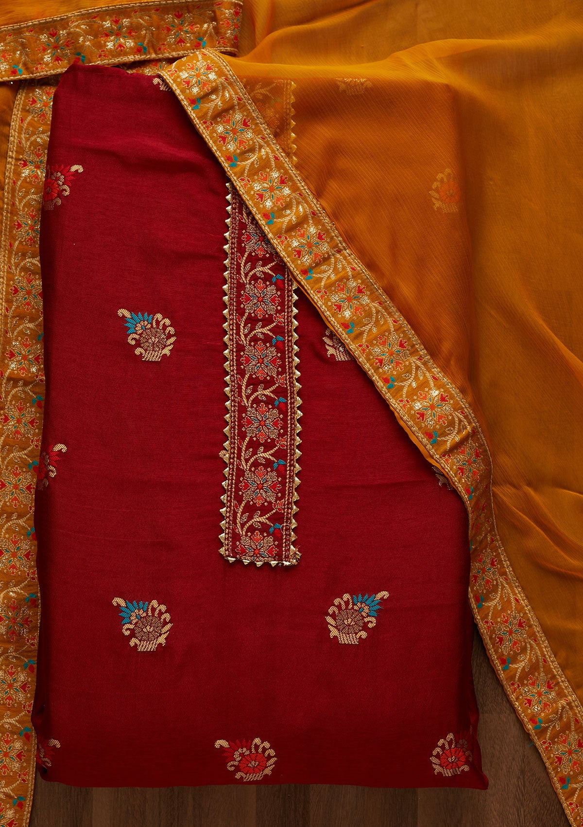 Maroon Zariwork Semi Crepe Semi-Stitched Salwar Suit-Koskii
