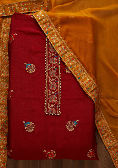 Maroon Zariwork Semi Crepe Semi-Stitched Salwar Suit-Koskii