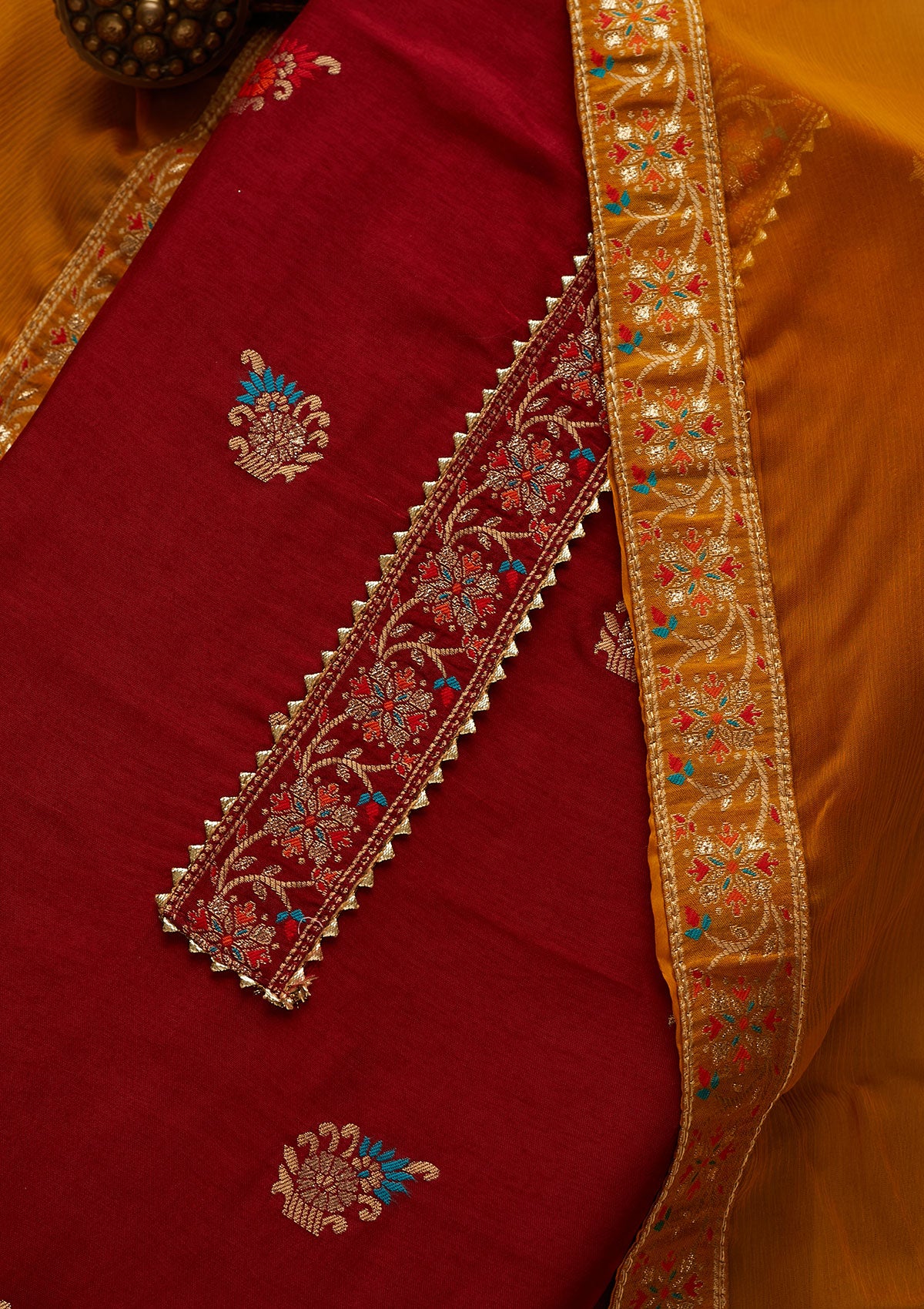 Maroon Zariwork Semi Crepe Semi-Stitched Salwar Suit-Koskii