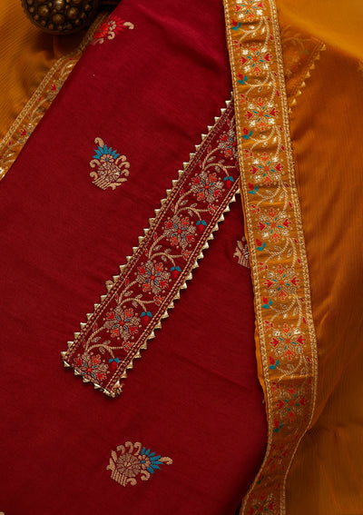 Maroon Zariwork Semi Crepe Semi-Stitched Salwar Suit-Koskii