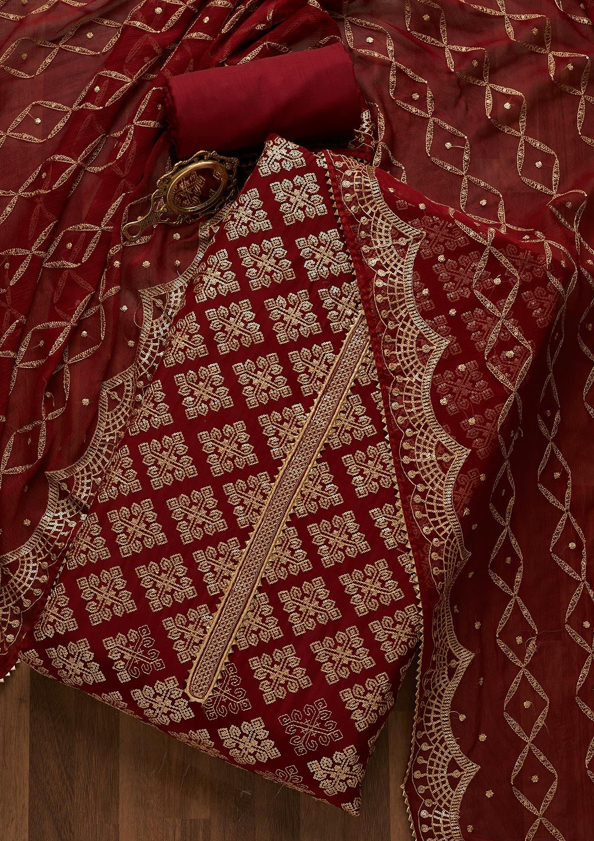 Maroon Zariwork Semi Crepe Unstitched Salwar Suit - Koskii