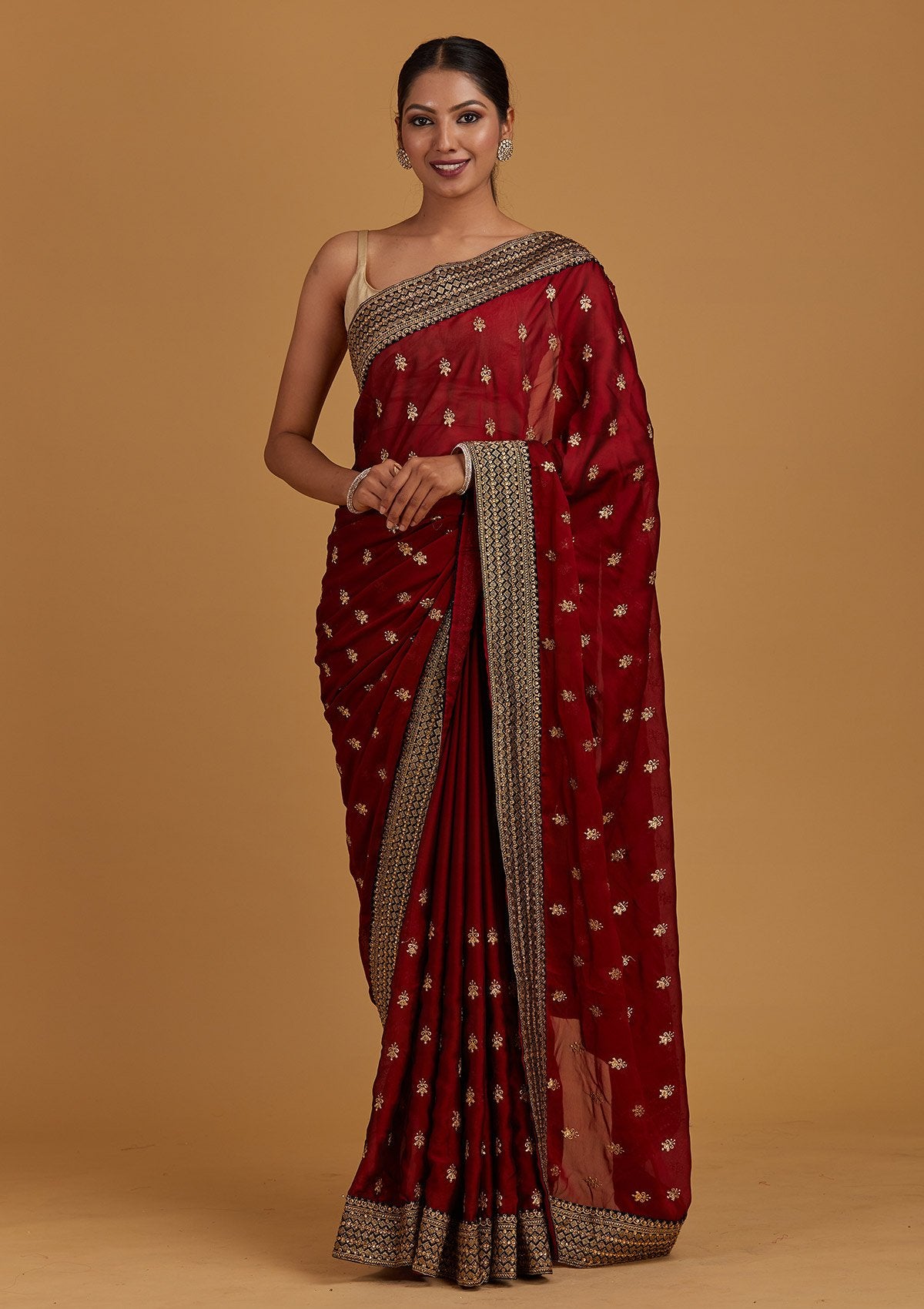 Maroon Zariwork Semi Crepe Designer Saree - Koskii