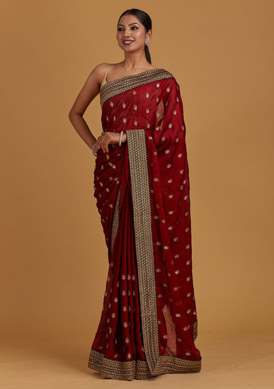 Maroon Zariwork Semi Crepe Designer Saree - Koskii