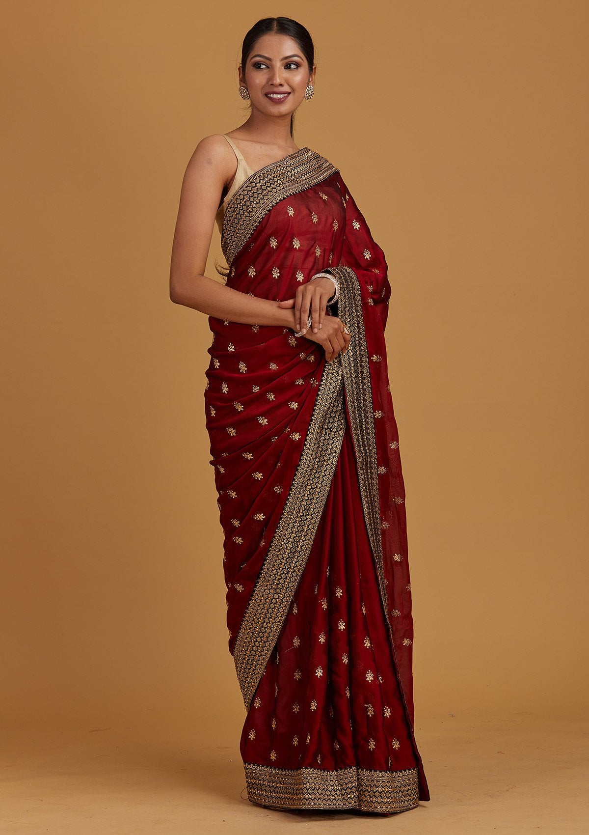 Maroon Zariwork Semi Crepe Designer Saree - Koskii