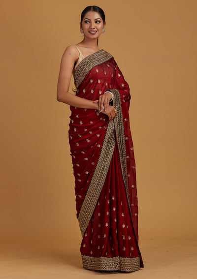 Maroon Zariwork Semi Crepe Designer Saree - Koskii