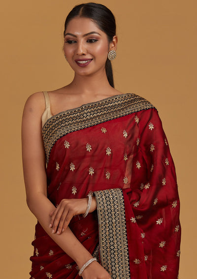 Maroon Zariwork Semi Crepe Designer Saree - Koskii